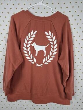 Victorias Secret Pink Orange Crest Logo Crew Sweater Shirt LARGE